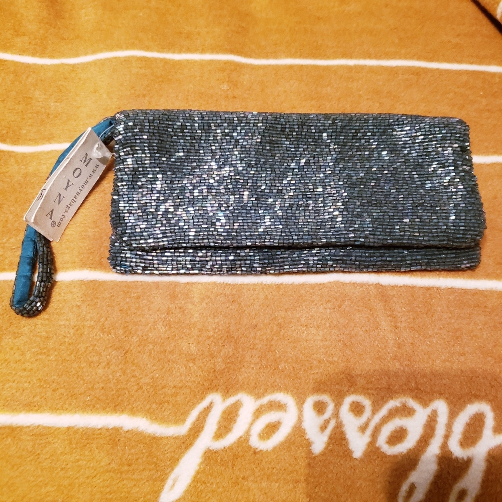 Vintage Teal Beaded Monya Wrislet Clutch. Deadstock. NWT.